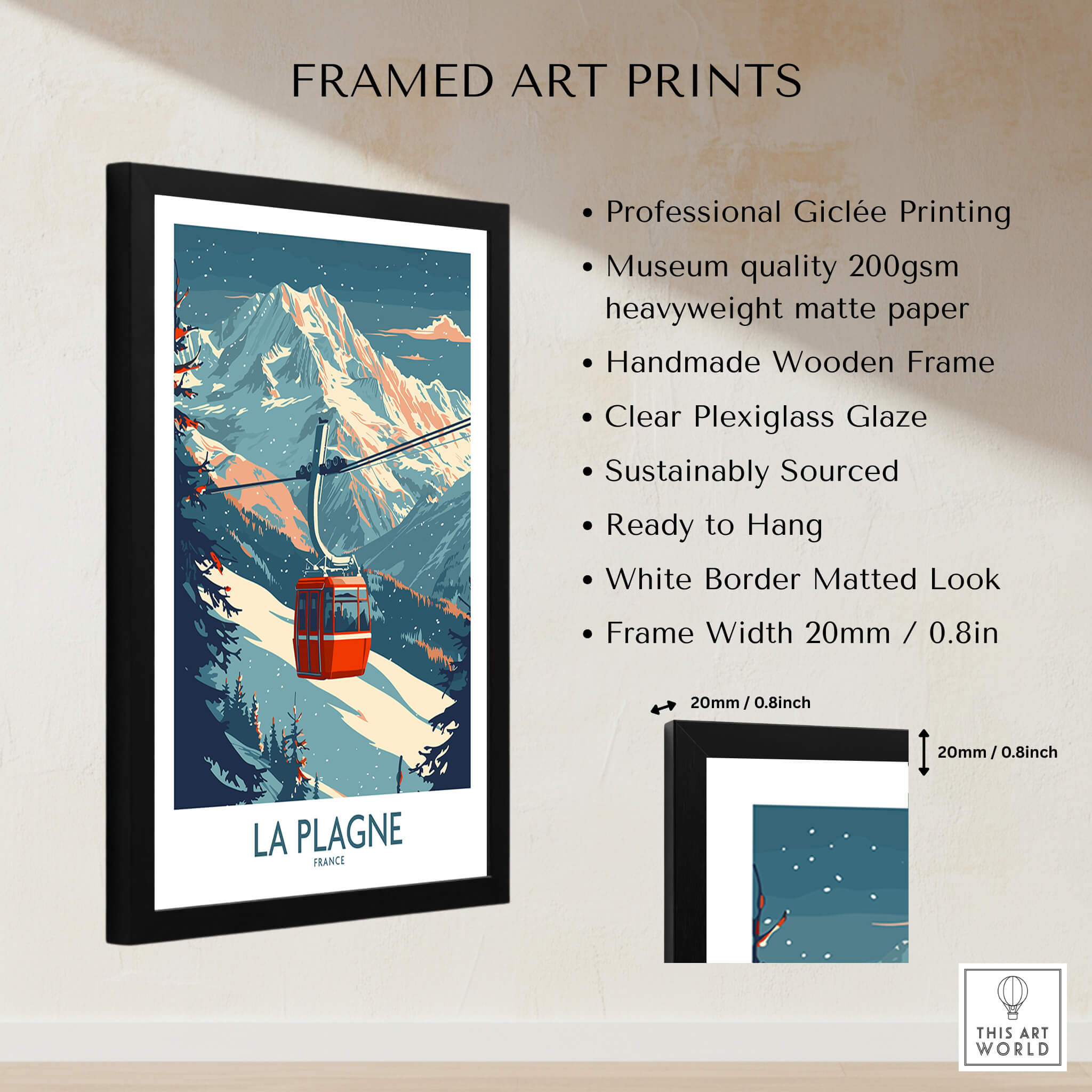 La Plagne Wall Art Ski Poster framed art print with mountain scenery and gondola, ready to hang decoration.