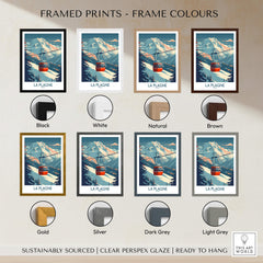 La Plagne Wall Art Ski Poster framed prints in various frame colors including black, white, natural, brown, gold, silver, dark grey and light grey.