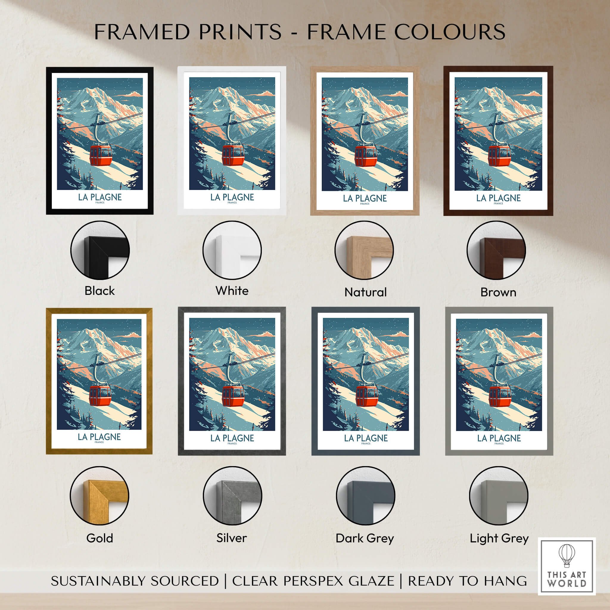 La Plagne Wall Art Ski Poster framed prints in various frame colors including black, white, natural, brown, gold, silver, dark grey and light grey.