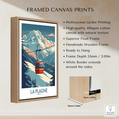 La Plagne Wall Art Ski Poster framed print showcasing a ski gondola with mountain backdrop, ready to hang.