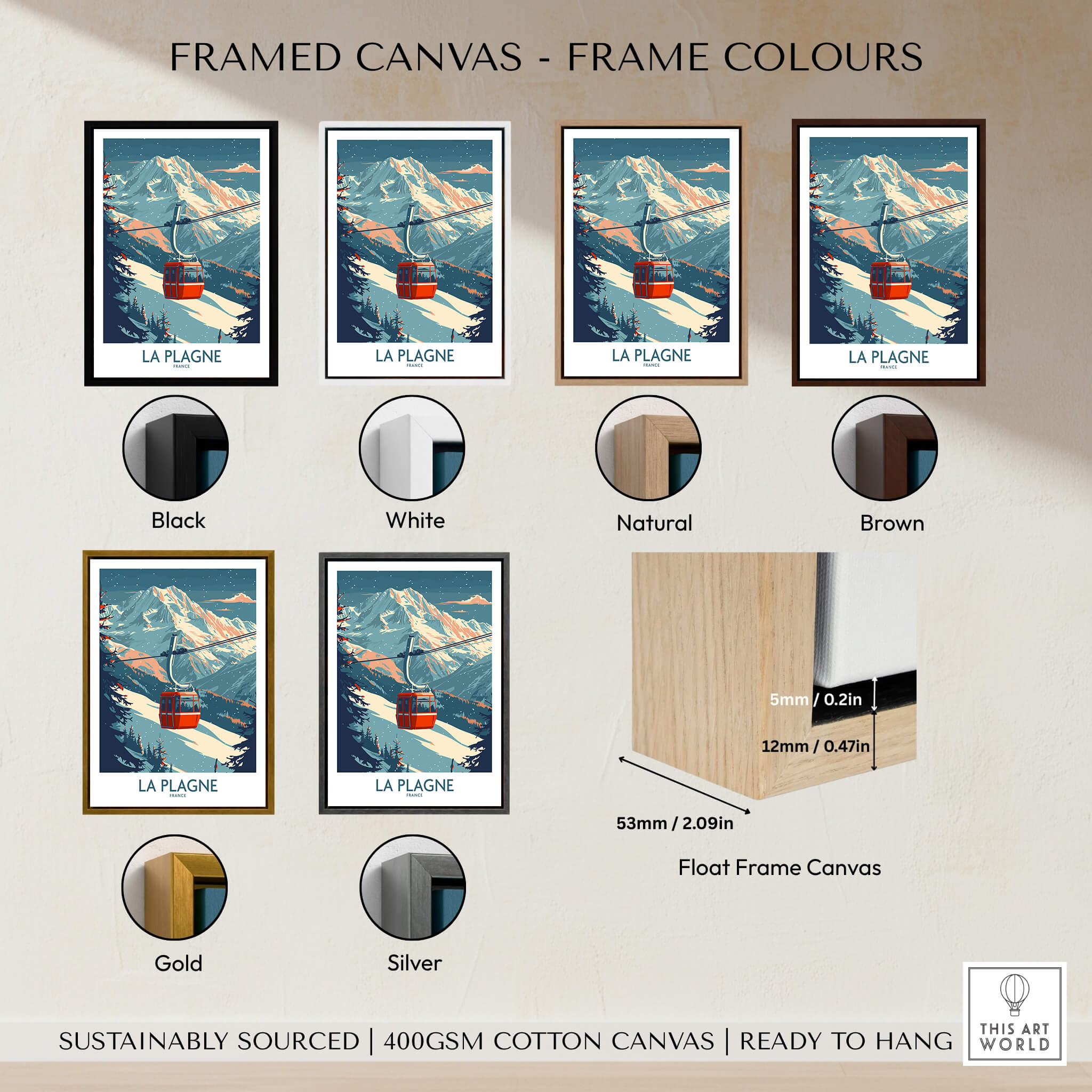 Framed canvas options for La Plagne Wall Art Ski Poster showcasing different frame colors.