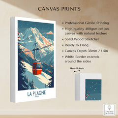 La Plagne Wall Art Ski Poster showcasing vibrant winter scenery with a gondola and mountains.