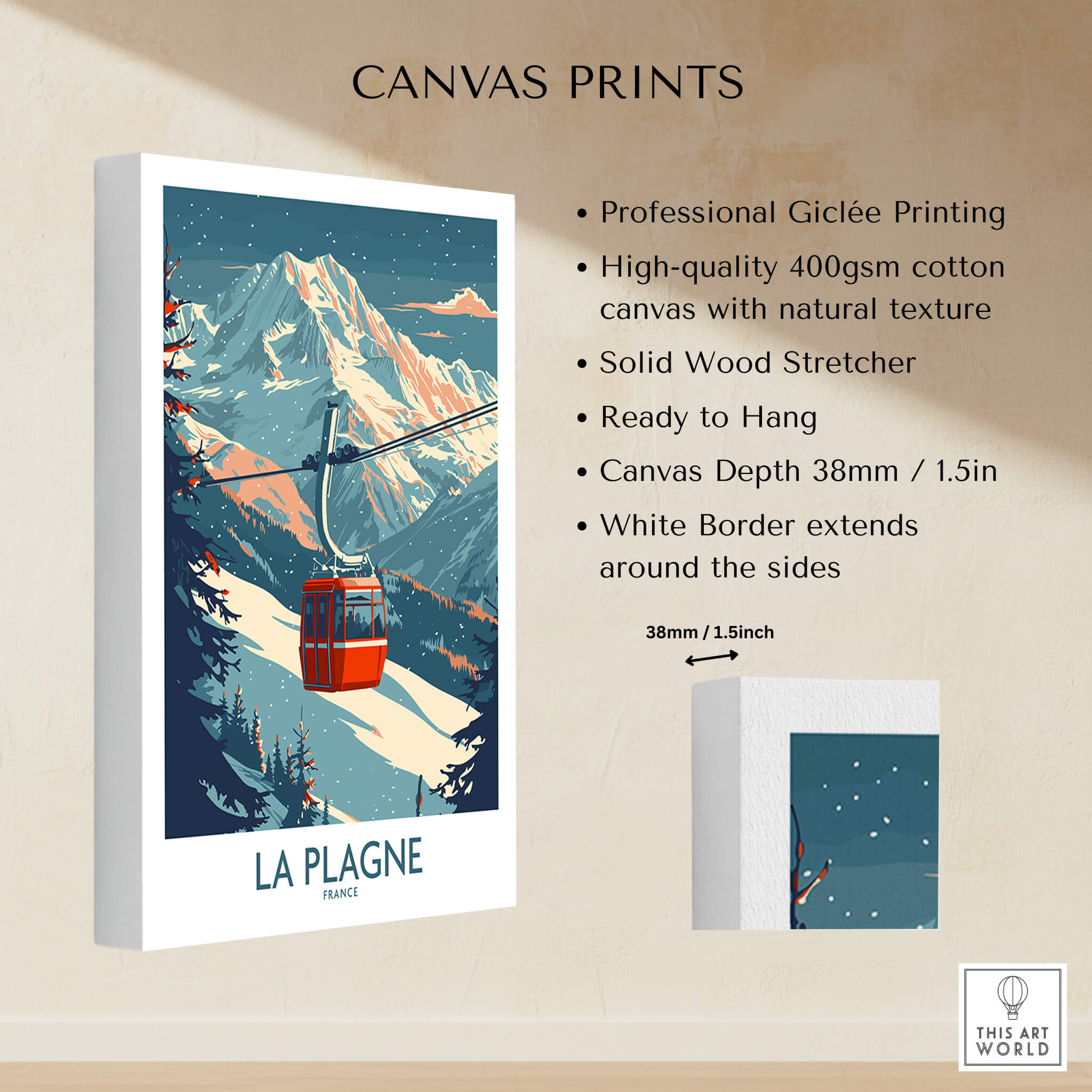 La Plagne Wall Art Ski Poster showcasing vibrant winter scenery with a gondola and mountains.