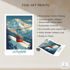 La Plagne Wall Art Ski Poster featuring a vibrant ski gondola in the stunning mountains of La Plagne.