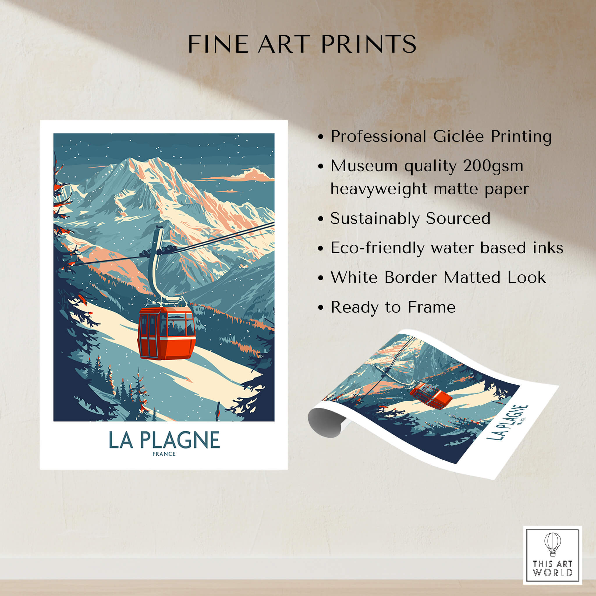 La Plagne Wall Art Ski Poster featuring a vibrant ski gondola in the stunning mountains of La Plagne.