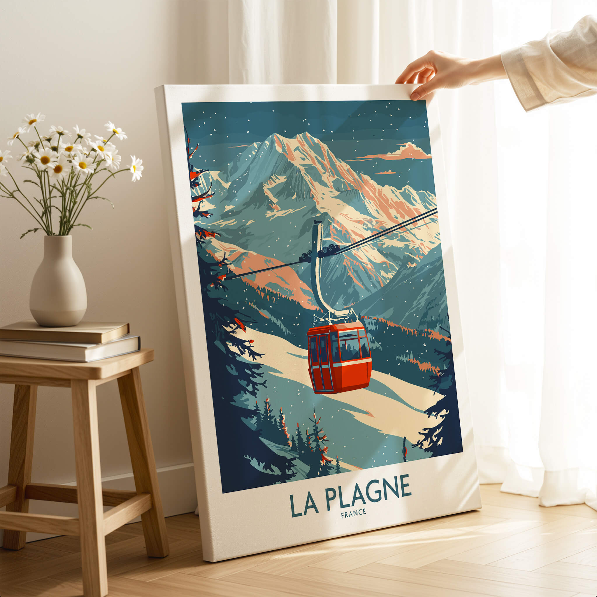 La Plagne Wall Art Ski Poster featuring a vibrant ski gondola in the mountains of France.