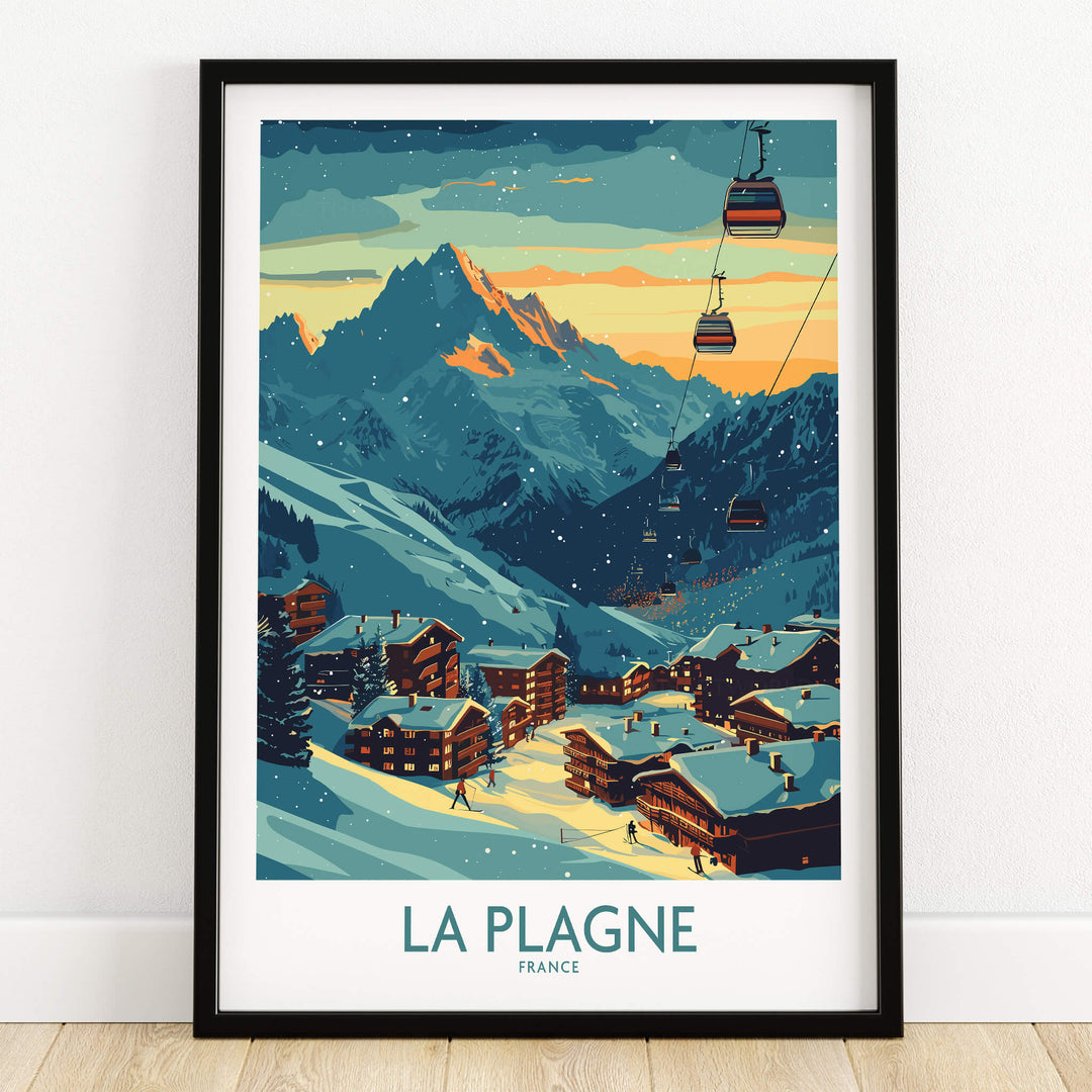 La Plagne Poster France featuring a scenic mountain landscape and ski lifts in the French Alps.