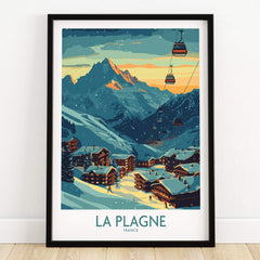 La Plagne Poster France featuring a scenic mountain landscape and ski lifts in the French Alps.