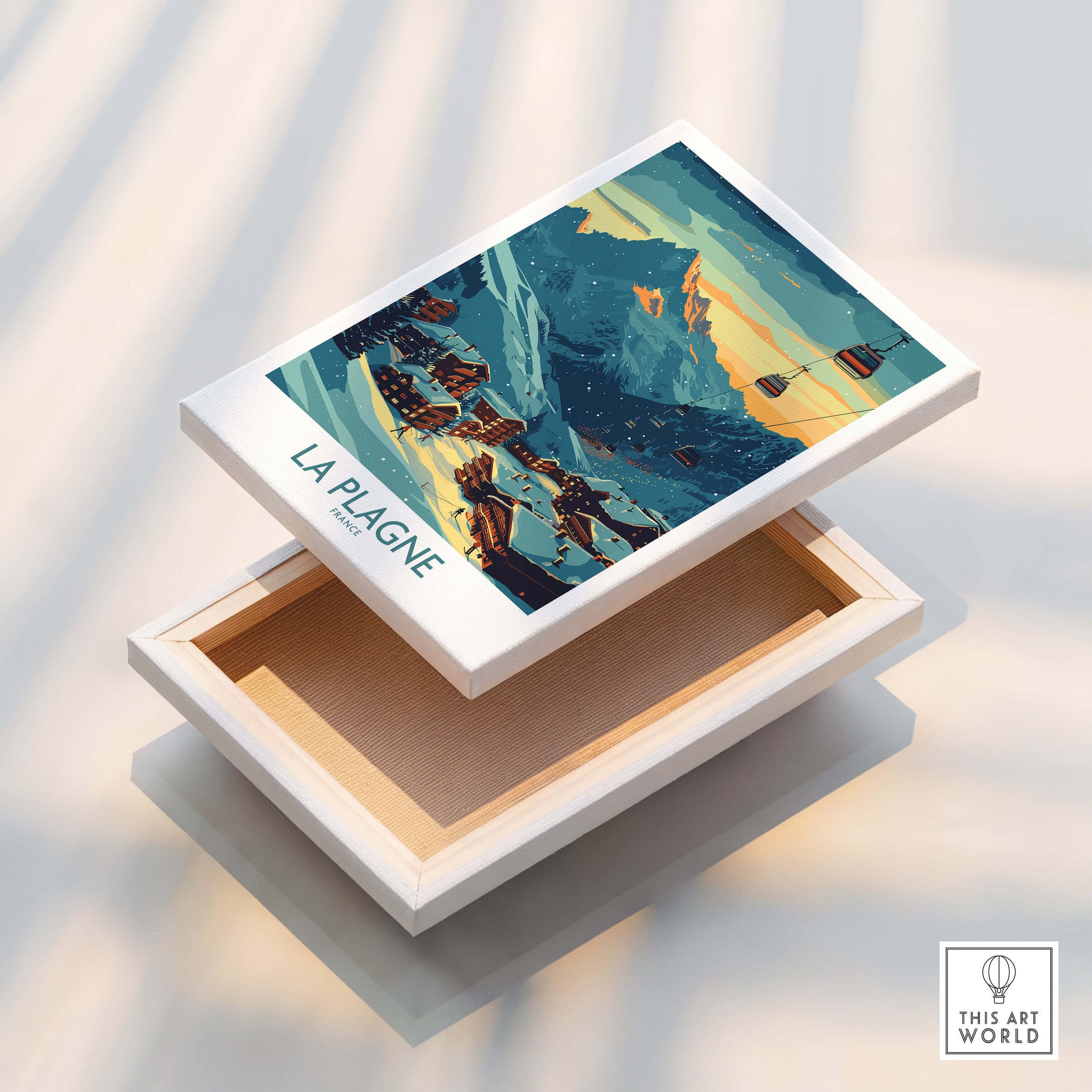 La Plagne Poster France with stunning landscape of the French Alps in a decorative box.