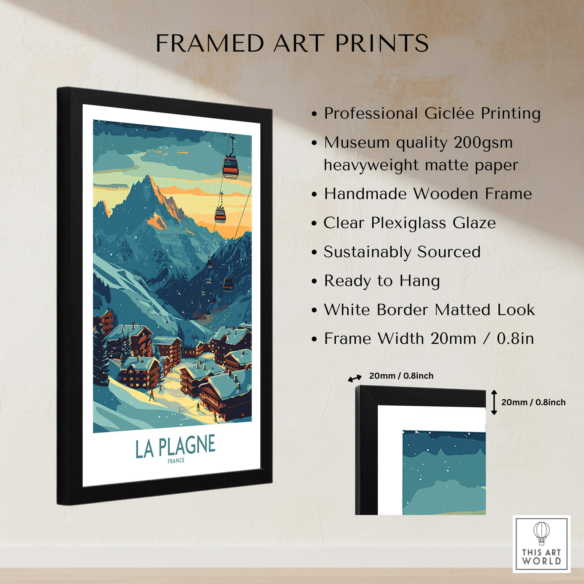 La Plagne Poster France framed art print featuring stunning mountain landscape and ski lift.