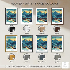 La Plagne Poster France framed prints showcasing various frame colors including black, white, natural, brown, gold, silver, dark grey, and light grey.