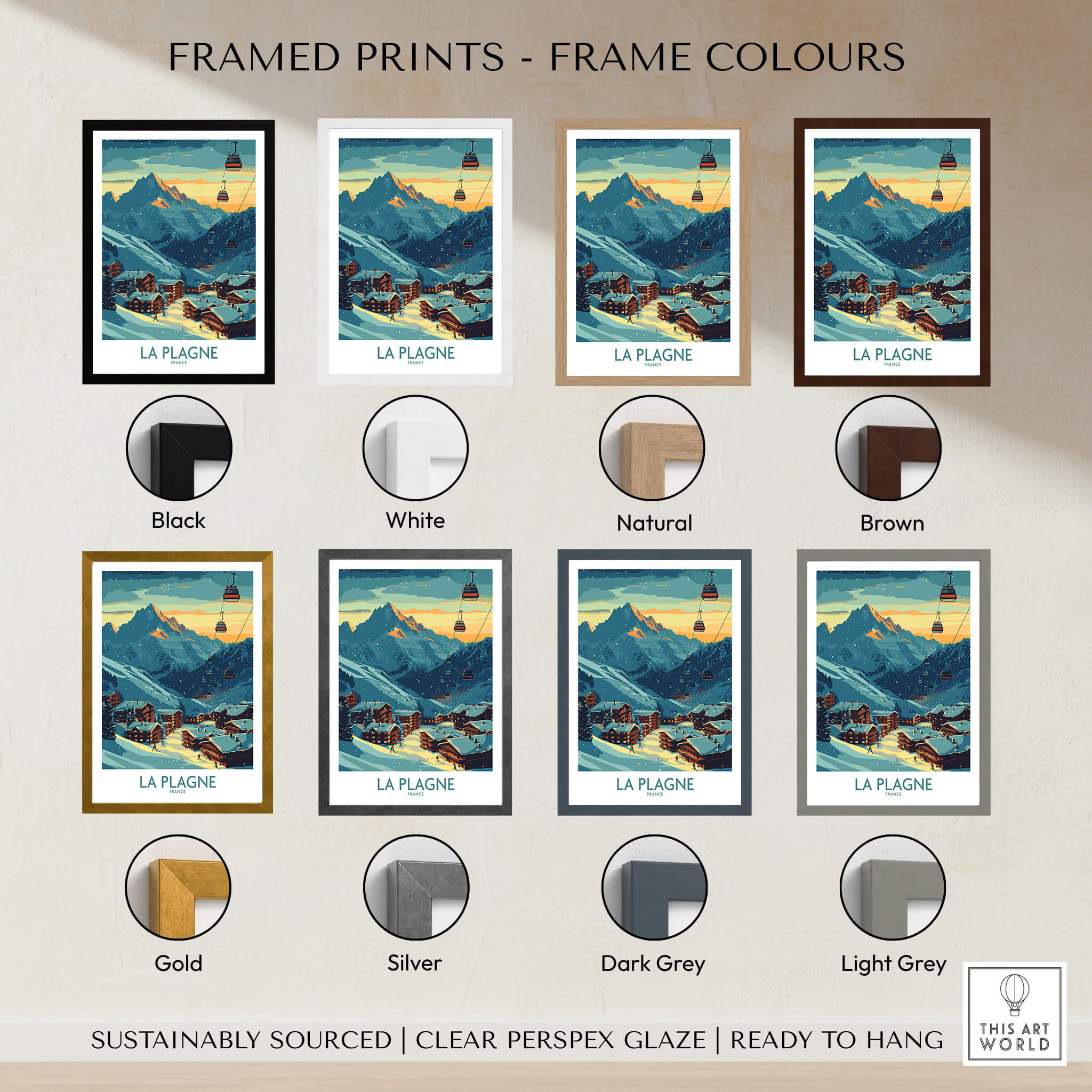 La Plagne Poster France framed prints showcasing various frame colors including black, white, natural, brown, gold, silver, dark grey, and light grey.