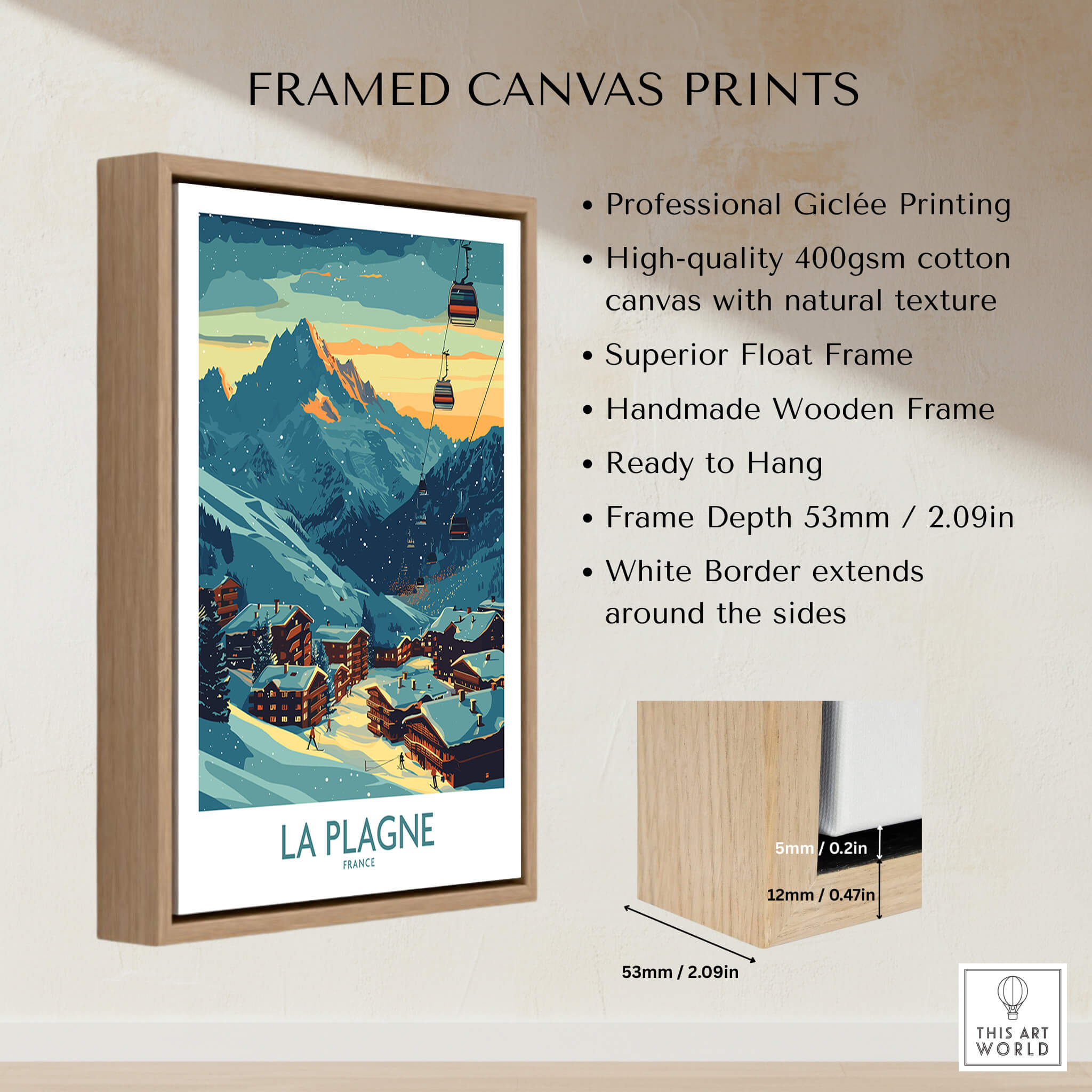 La Plagne Poster France featuring framed canvas print with mountain landscape and ski lift, ideal for home decor.