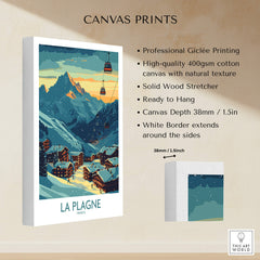 La Plagne Poster France showcasing a stunning landscape of the French Alps on a canvas print, ready to hang.