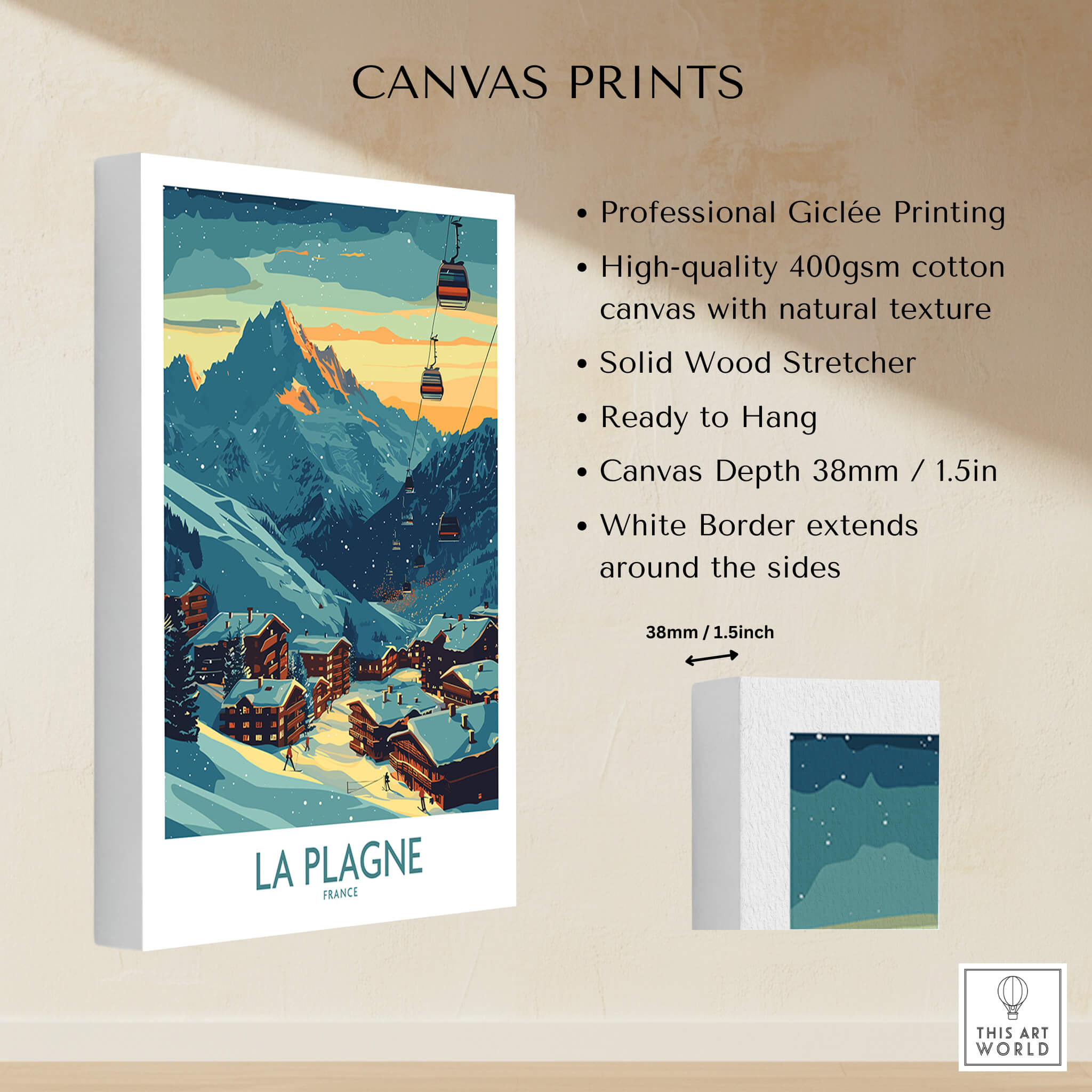 La Plagne Poster France showcasing a stunning landscape of the French Alps on a canvas print, ready to hang.