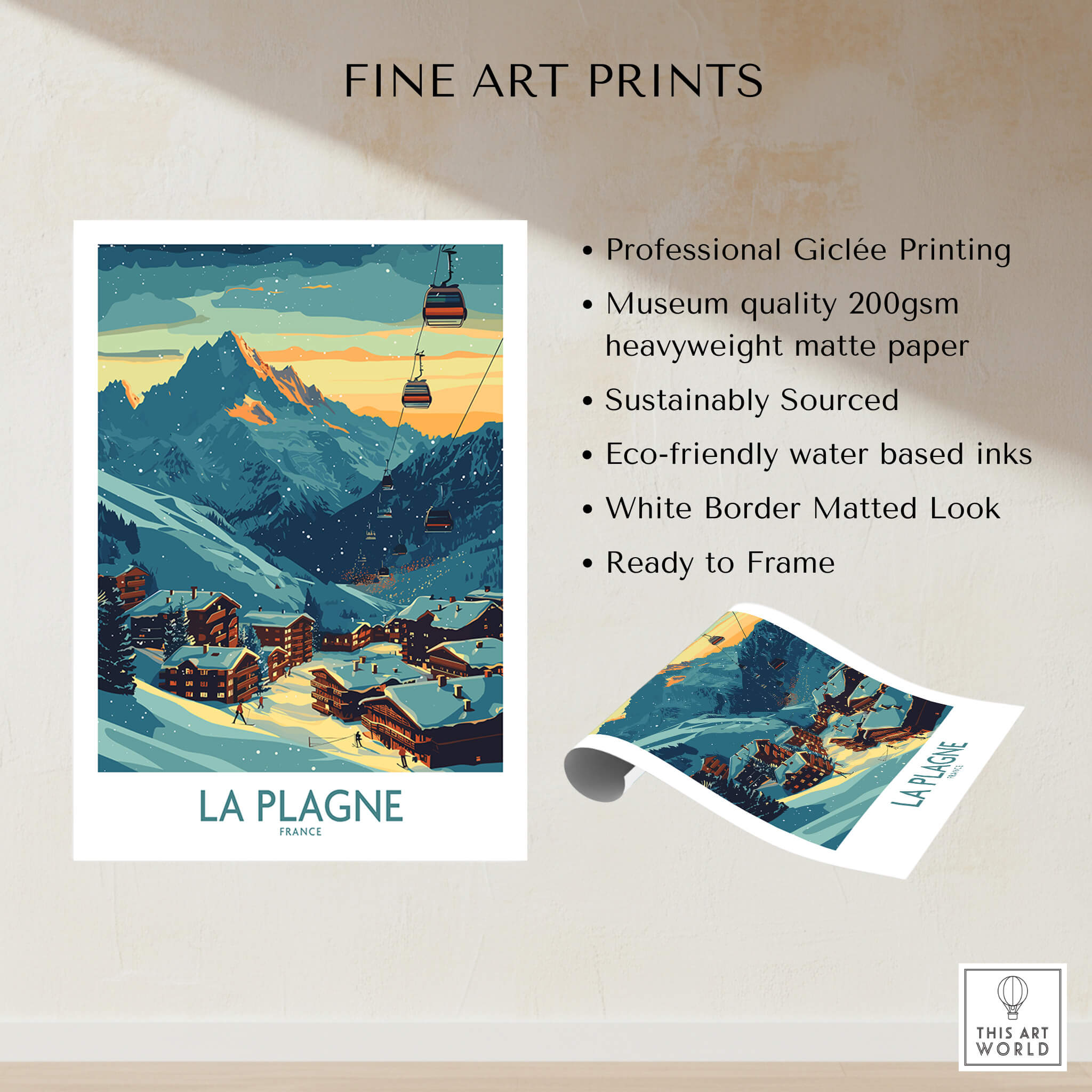 La Plagne Poster France showcasing a stunning winter landscape of the French Alps, perfect for home decor.