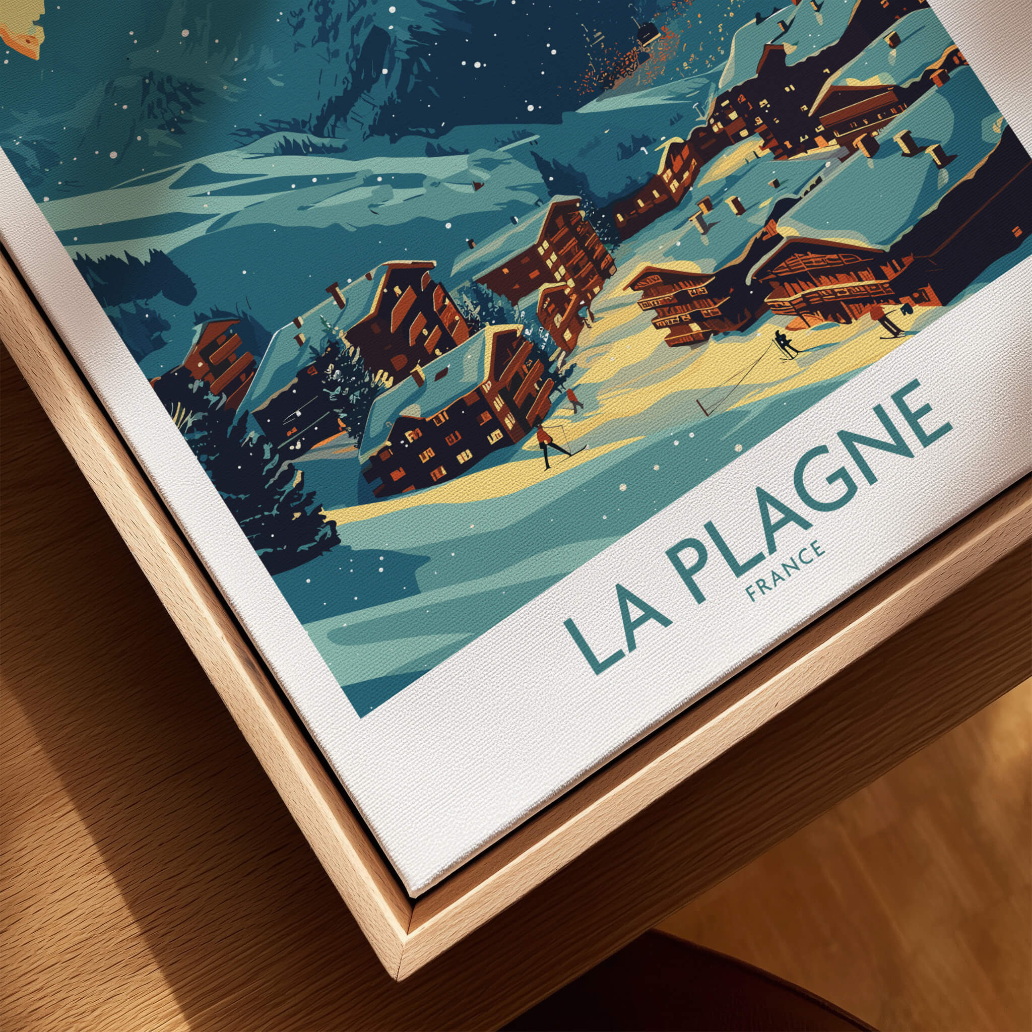 La Plagne Poster France showcasing the snowy landscape and charming chalets of the French Alps.