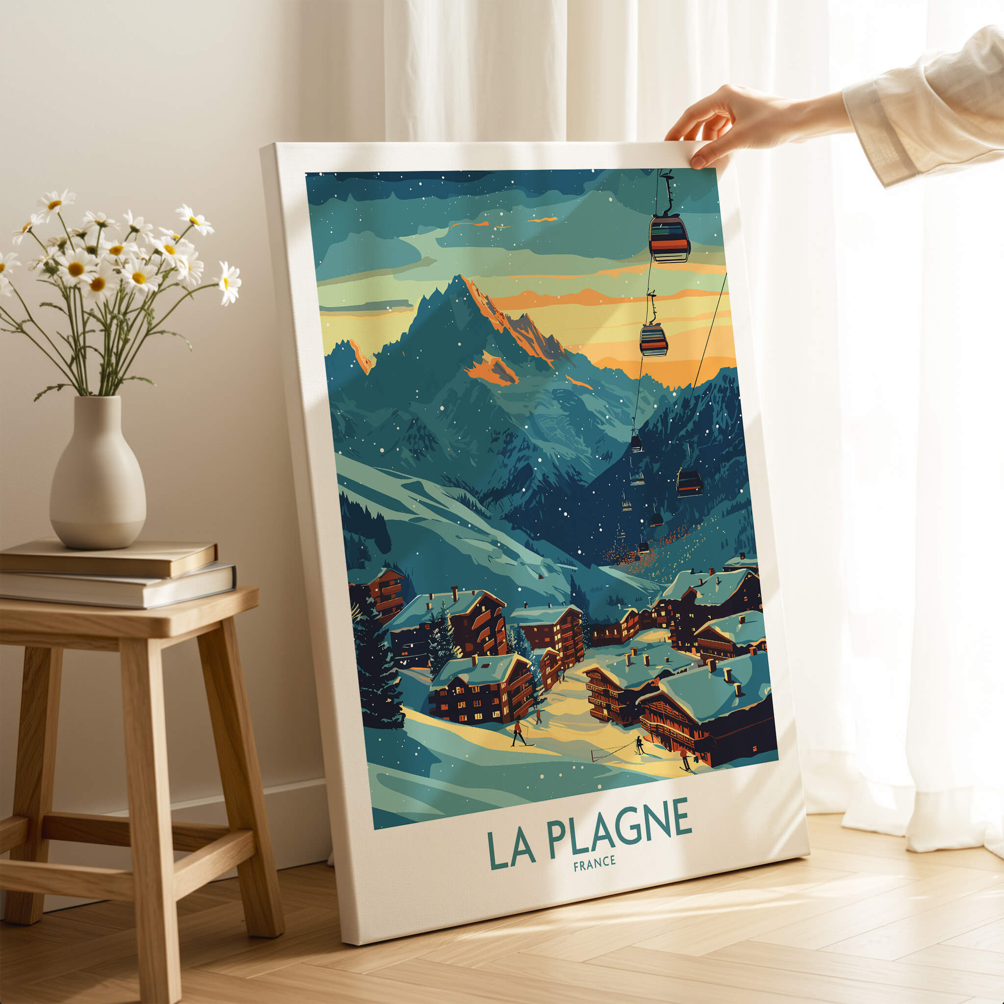 La Plagne Poster France showcasing stunning French Alps landscape and ski culture in vibrant colors.