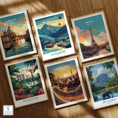 Art collection featuring La Plagne Poster France among iconic travel destinations like Venice and Paris.
