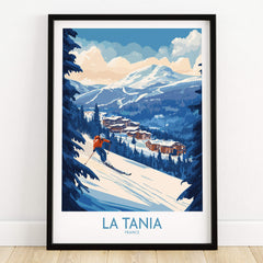 La Tania Ski Poster showcasing a skier on snowy slopes with scenic mountain backdrop