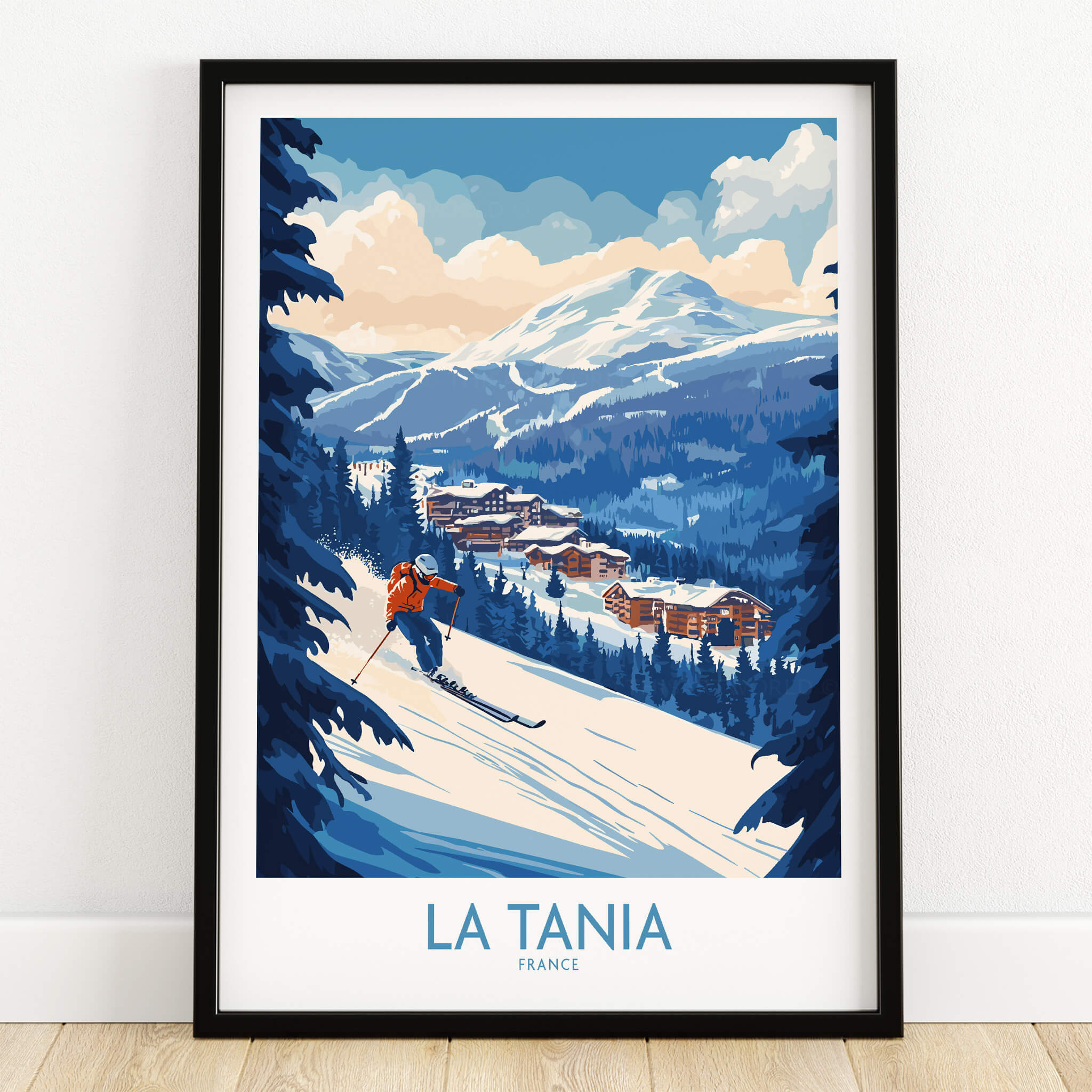 La Tania Ski Poster showcasing a skier on snowy slopes with scenic mountain backdrop