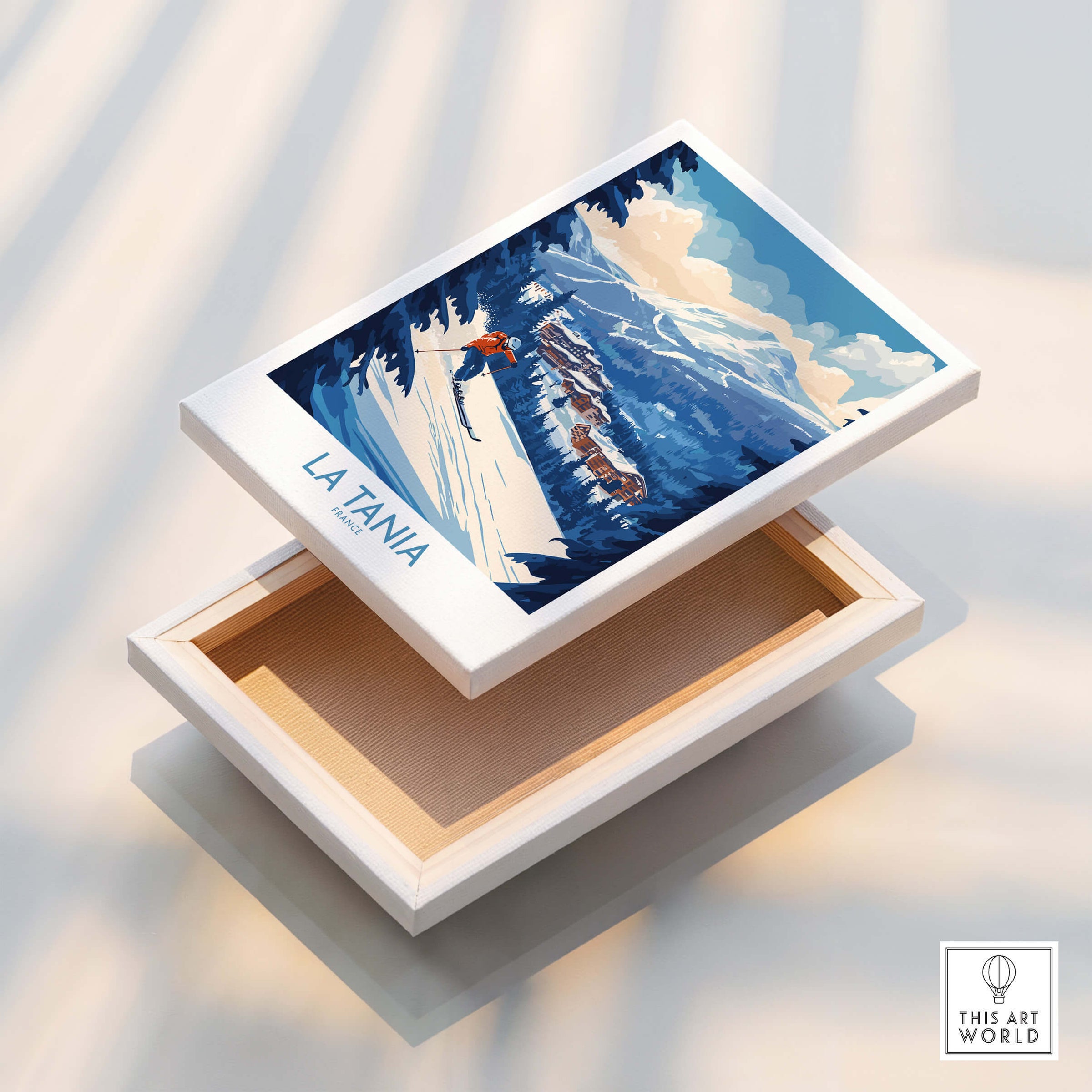 La Tania Ski Poster displayed on an art box, showcasing stunning snowy mountain scenery.