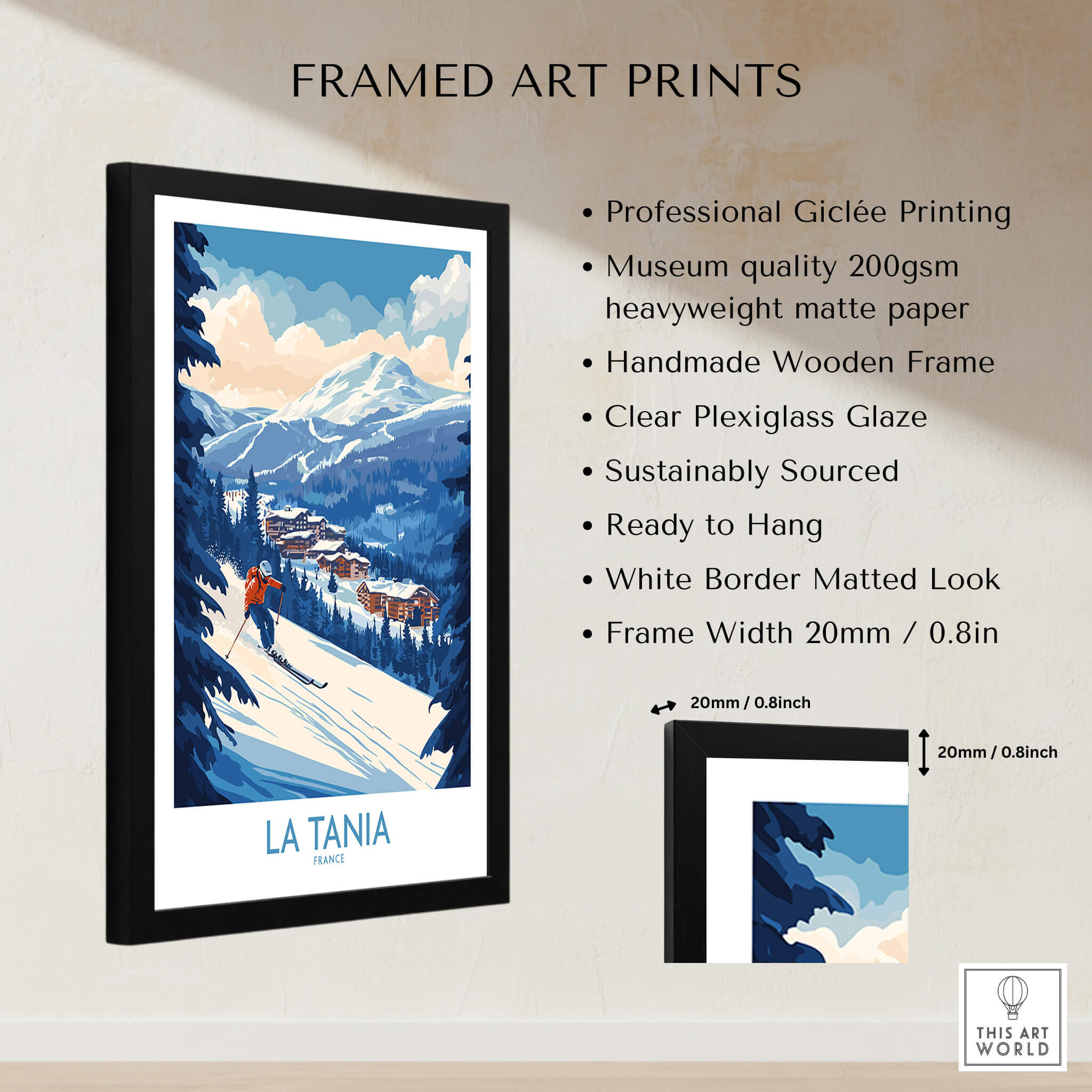 Framed La Tania Ski Poster showcasing snowy slopes with a skier, perfect for home decor.