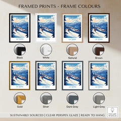 La Tania Ski Poster framed prints available in various colors including black, white, natural, brown, gold, silver, dark grey, light grey.
