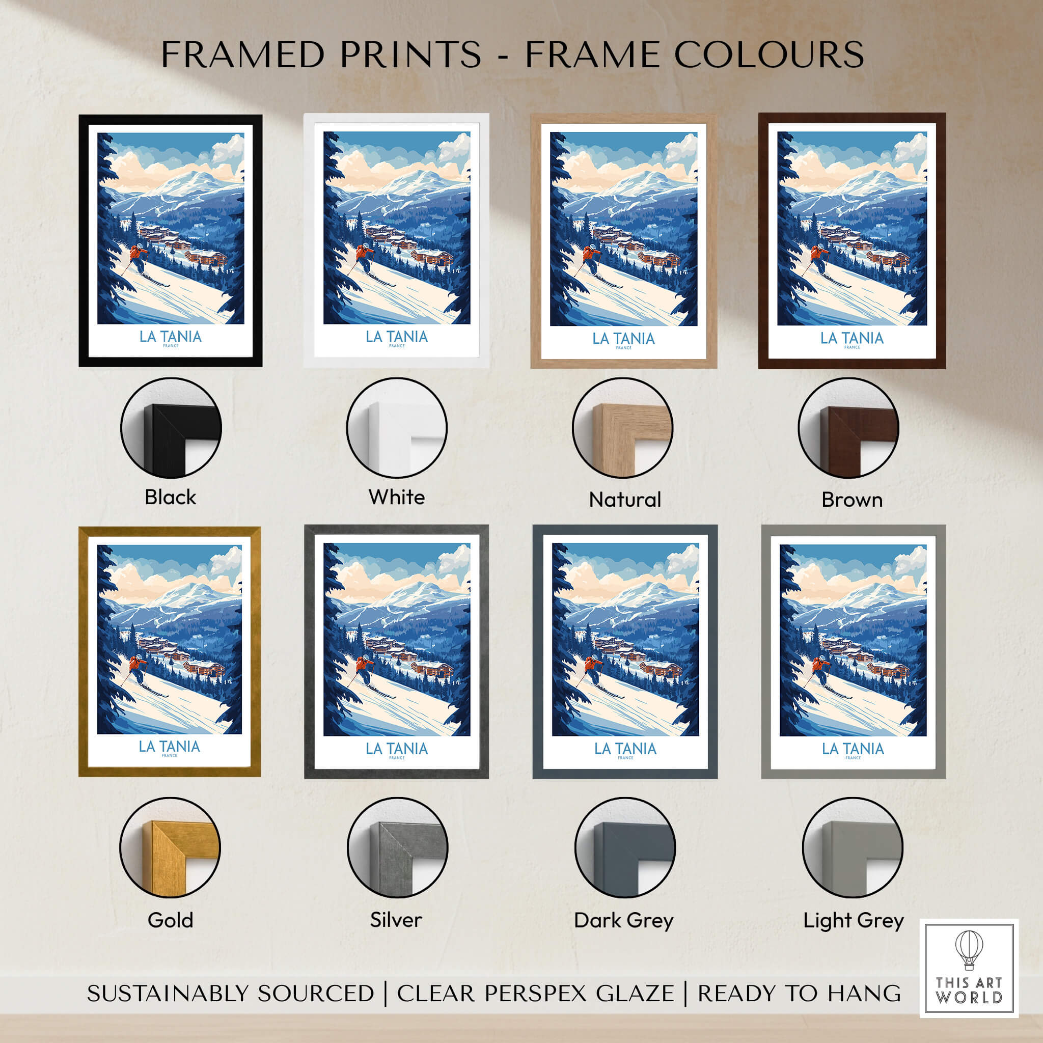 La Tania Ski Poster framed prints available in various colors including black, white, natural, brown, gold, silver, dark grey, light grey.