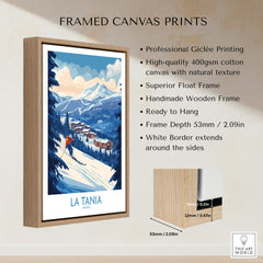 La Tania Ski Poster framed canvas print showcasing snowy slopes and mountain scenery in La Tania, France.