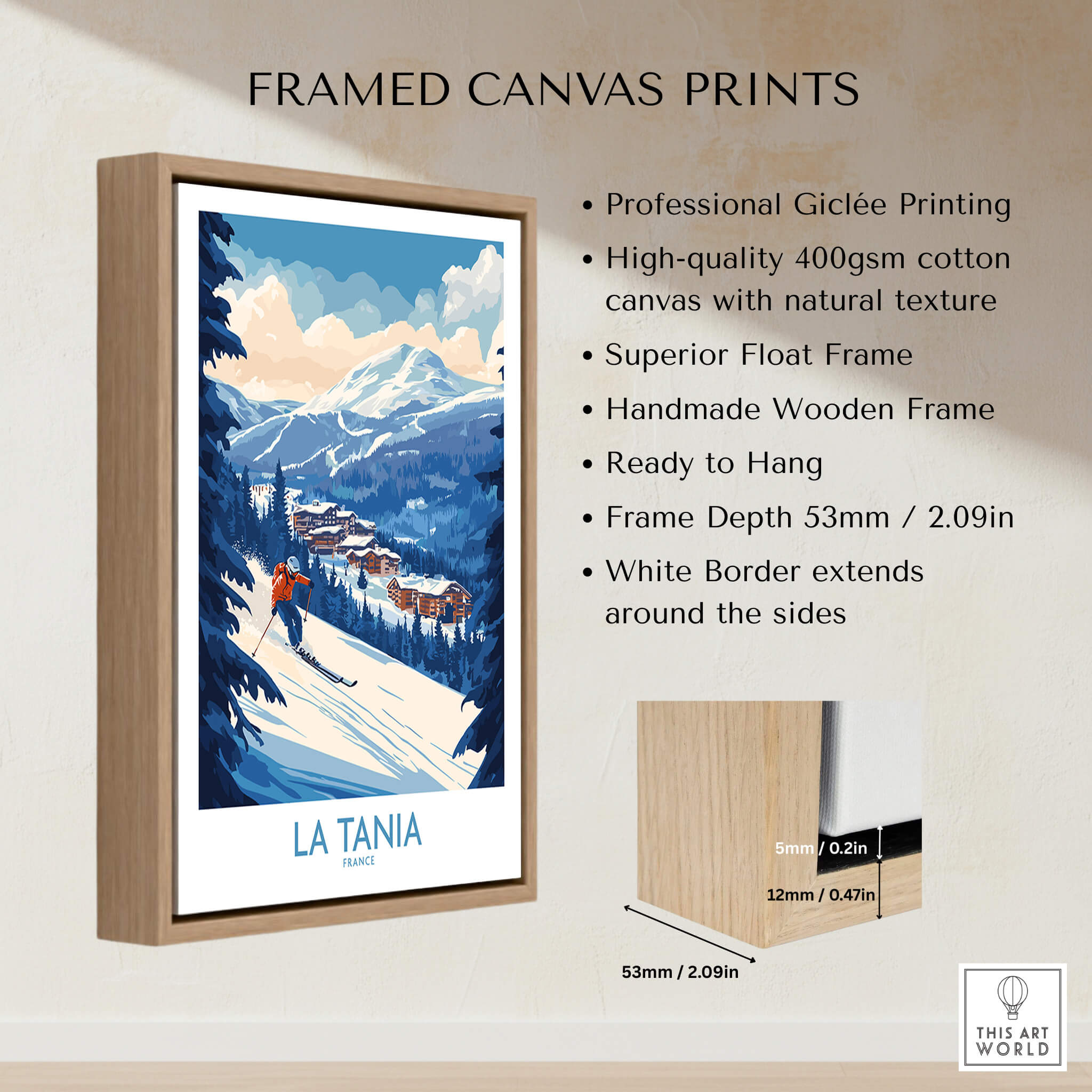 La Tania Ski Poster framed canvas print showcasing snowy slopes and mountain scenery in La Tania, France.