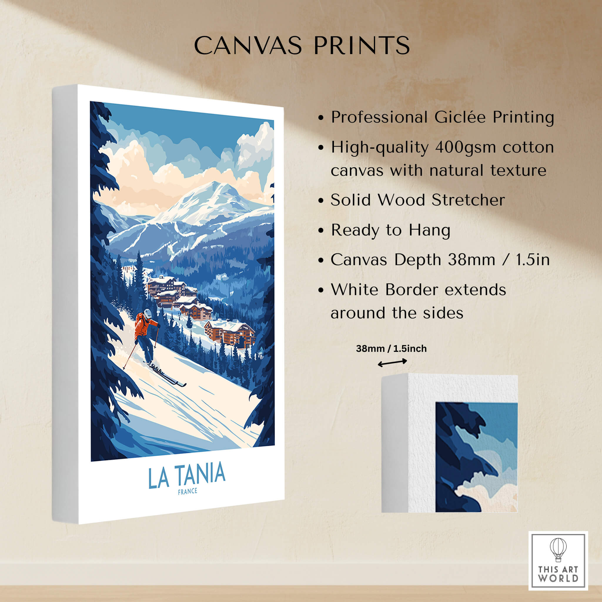 La Tania Ski Poster showcasing a stunning ski scene with a quality canvas print and professional Giclée printing details.