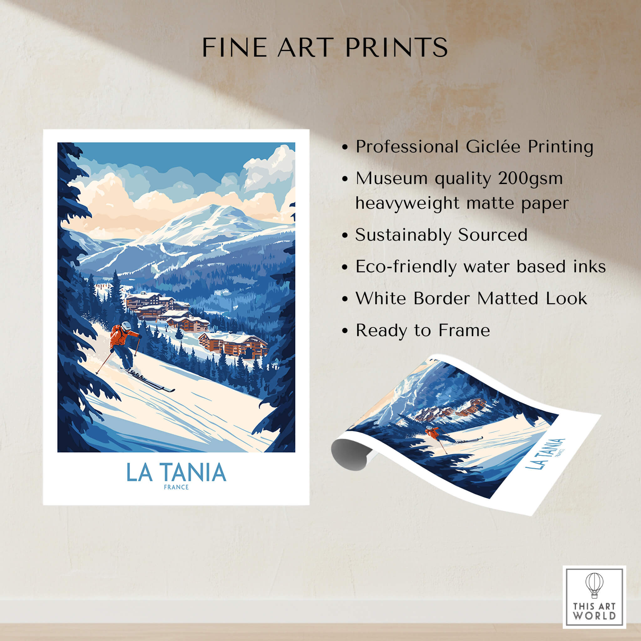 La Tania Ski Poster featuring picturesque views of La Tania ski resort, professionally printed for home decor.