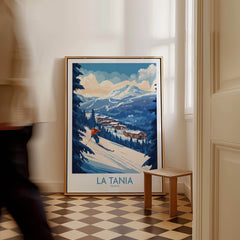 La Tania Ski Poster featuring scenic winter landscape and ski slopes with charming resort backdrop.