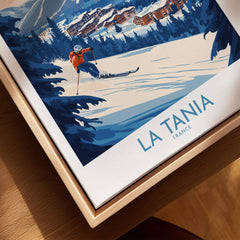 La Tania Ski Poster showcasing skiing in La Tania, France with stunning mountain scenery.