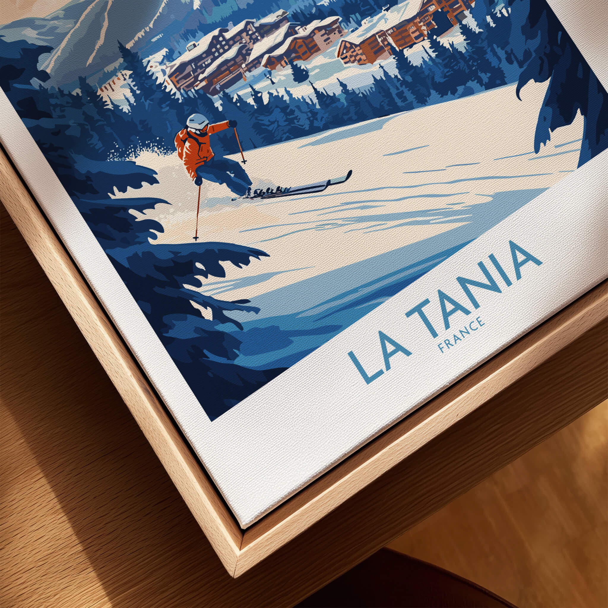 La Tania Ski Poster showcasing skiing in La Tania, France with stunning mountain scenery.
