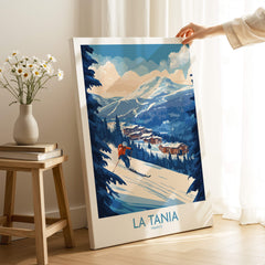 La Tania Ski Poster depicting a skier enjoying the slopes with scenic mountains in the background.