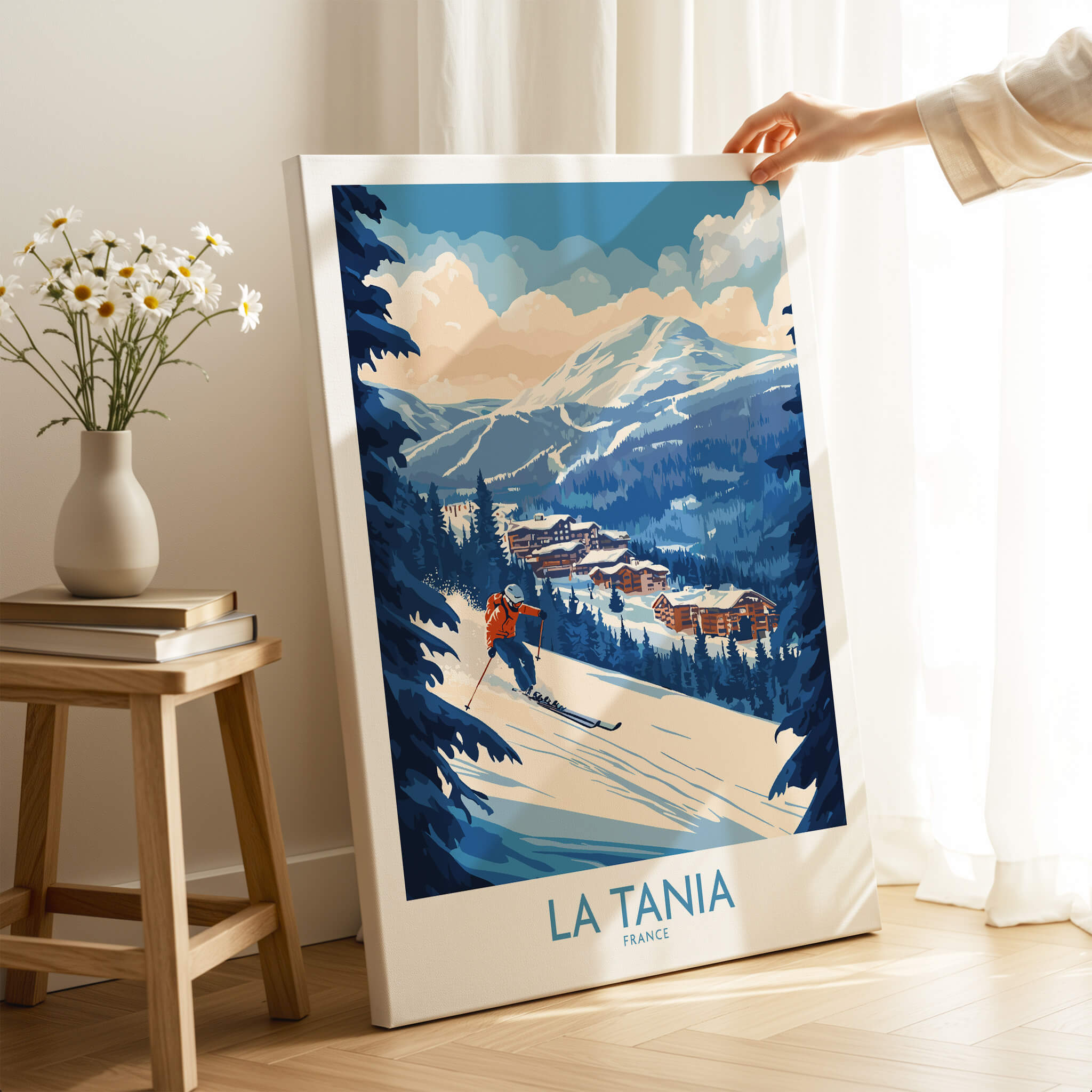 La Tania Ski Poster depicting a skier enjoying the slopes with scenic mountains in the background.
