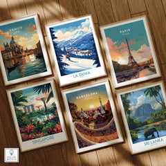 Collection of travel posters including La Tania Ski Poster among famous destinations.