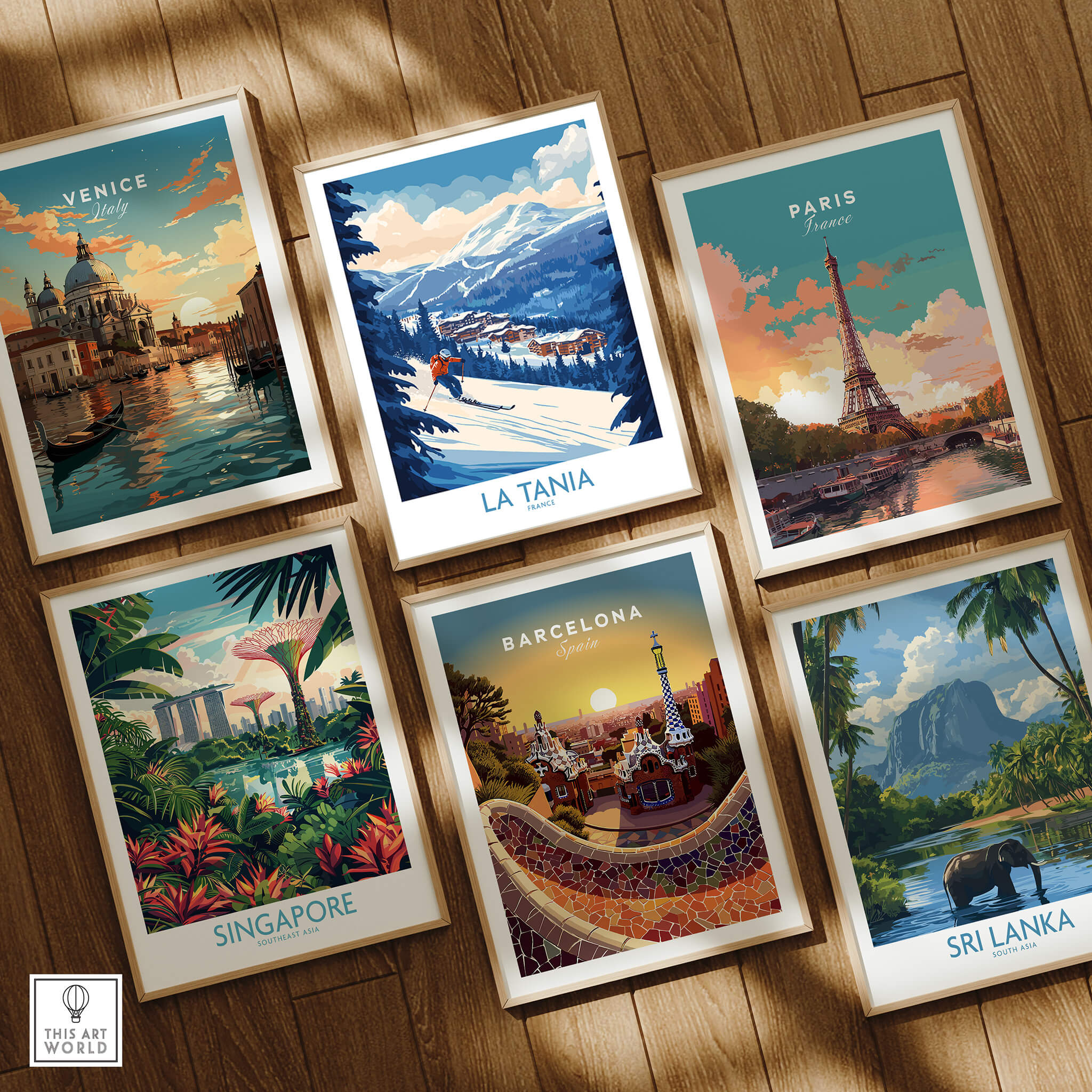 Collection of travel posters including La Tania Ski Poster among famous destinations.