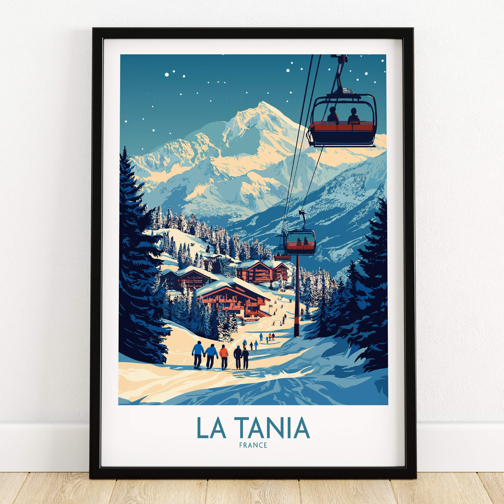 La Tania Wall Art Ski Poster featuring a scenic ski resort with a chairlift and snowy mountains in the background.