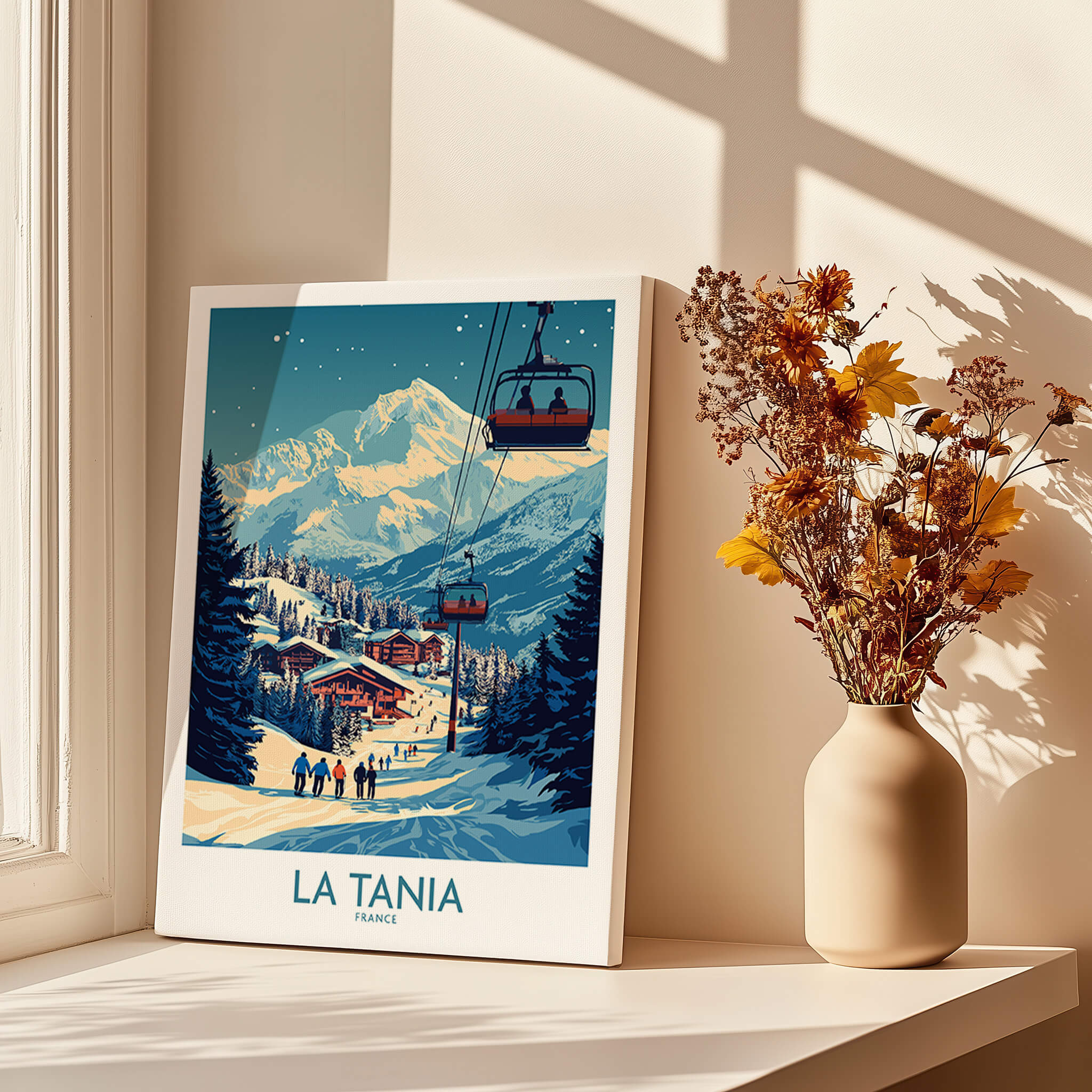 La Tania Wall Art Ski Poster featuring a ski resort scene with mountains and a gondola.