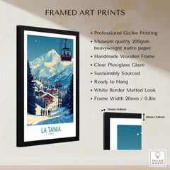 La Tania Wall Art Ski Poster in a framed print with ski resort scene, mountains, and clear plexiglass glaze.