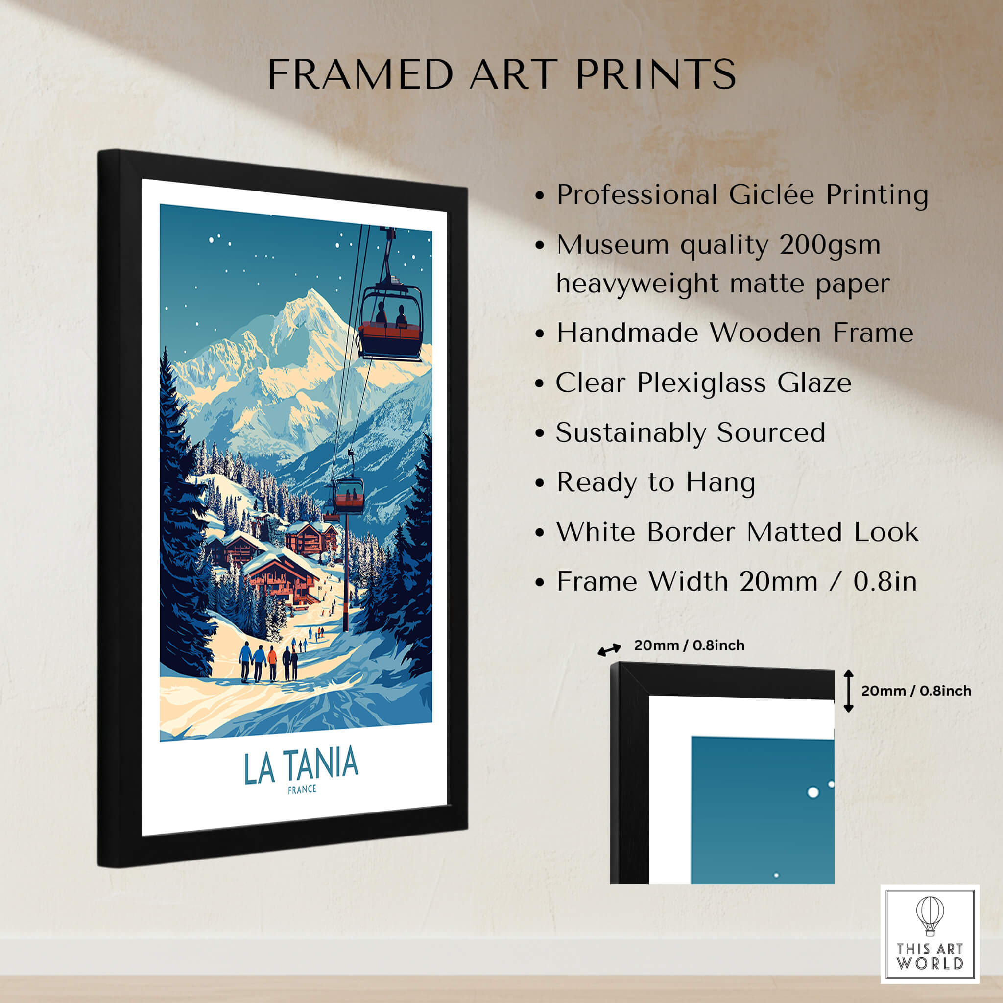La Tania Wall Art Ski Poster in a framed print with ski resort scene, mountains, and clear plexiglass glaze.