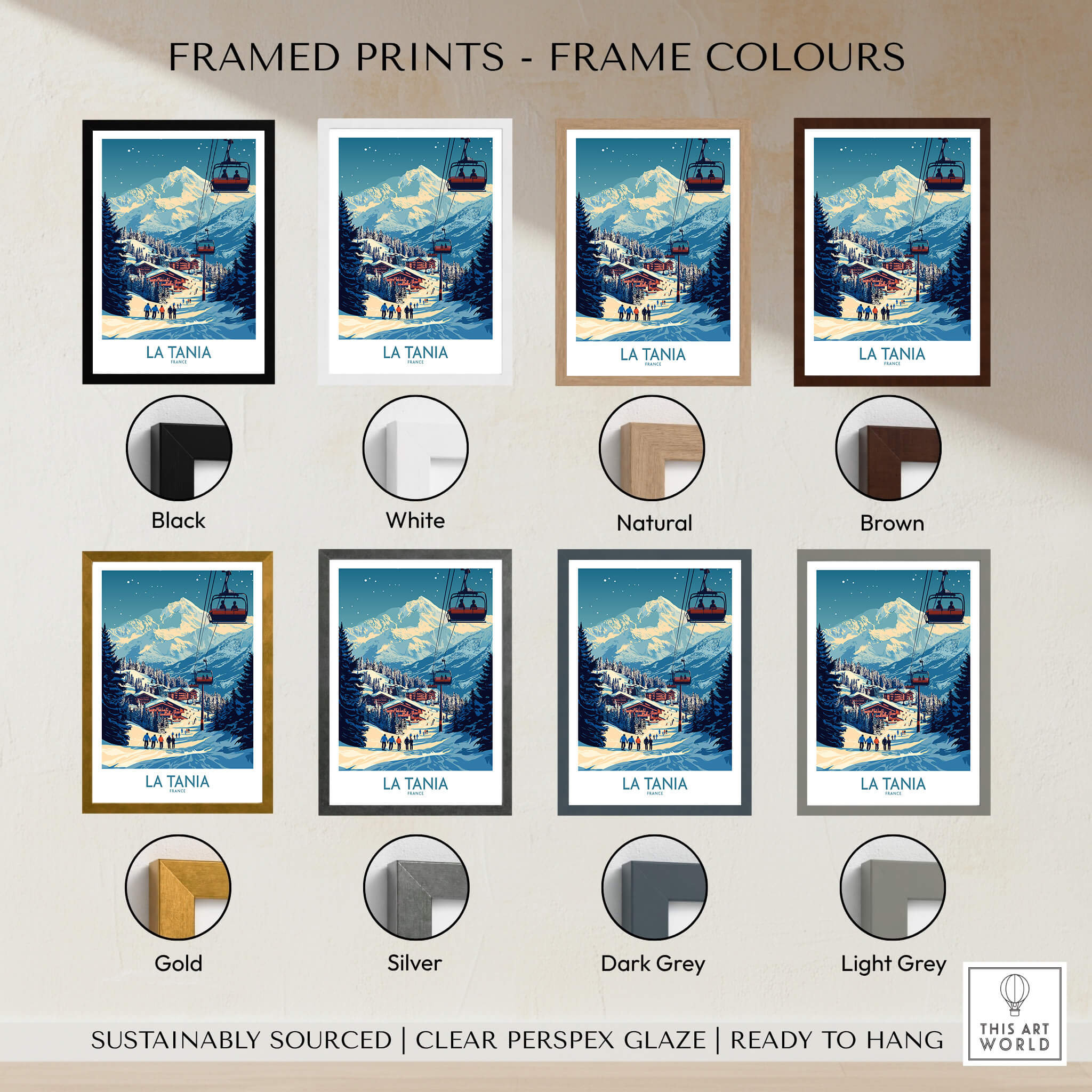 La Tania Wall Art Ski Poster framed print colour options including Black, White, Natural, Brown, Gold, Silver, Dark Grey, Light Grey.