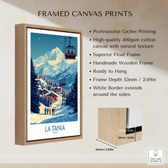 La Tania Wall Art Ski Poster framed canvas print showcasing a ski resort scene with mountains and a ski lift.