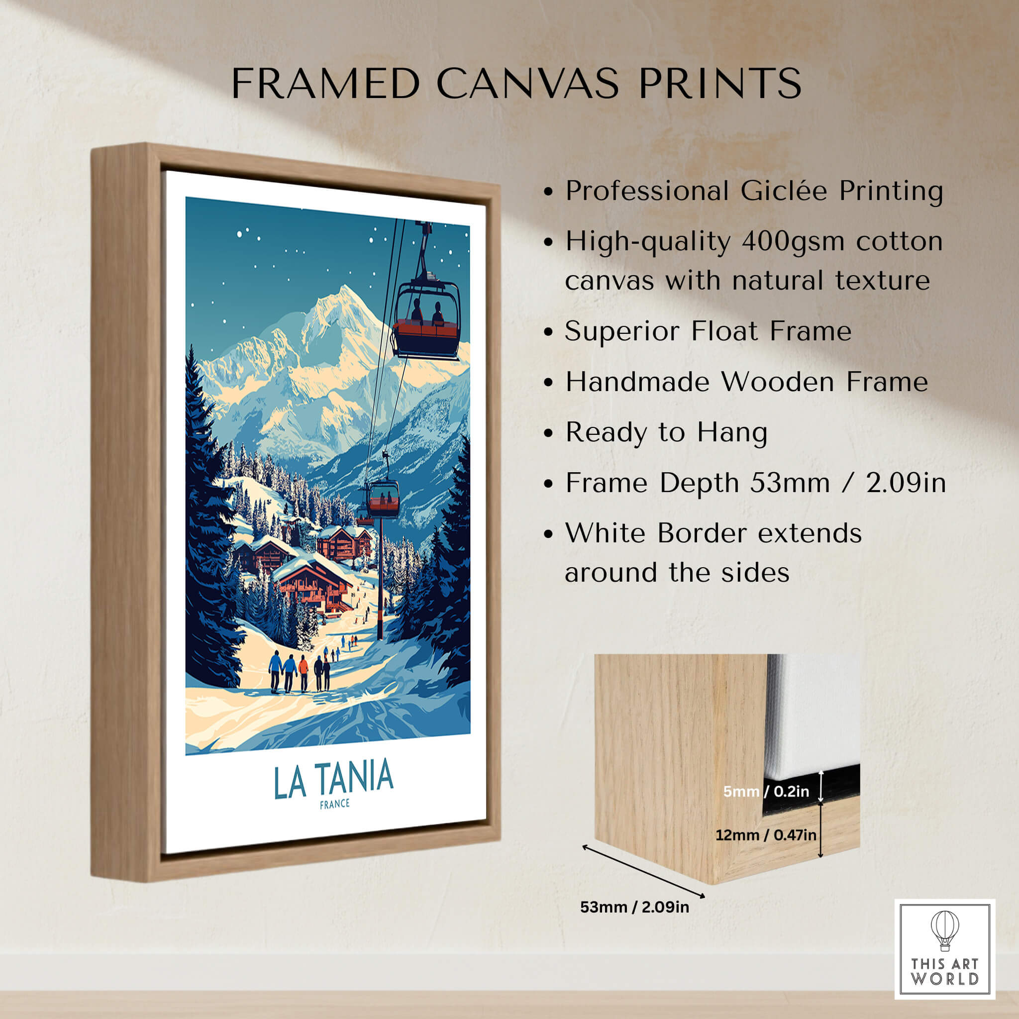 La Tania Wall Art Ski Poster framed canvas print showcasing a ski resort scene with mountains and a ski lift.