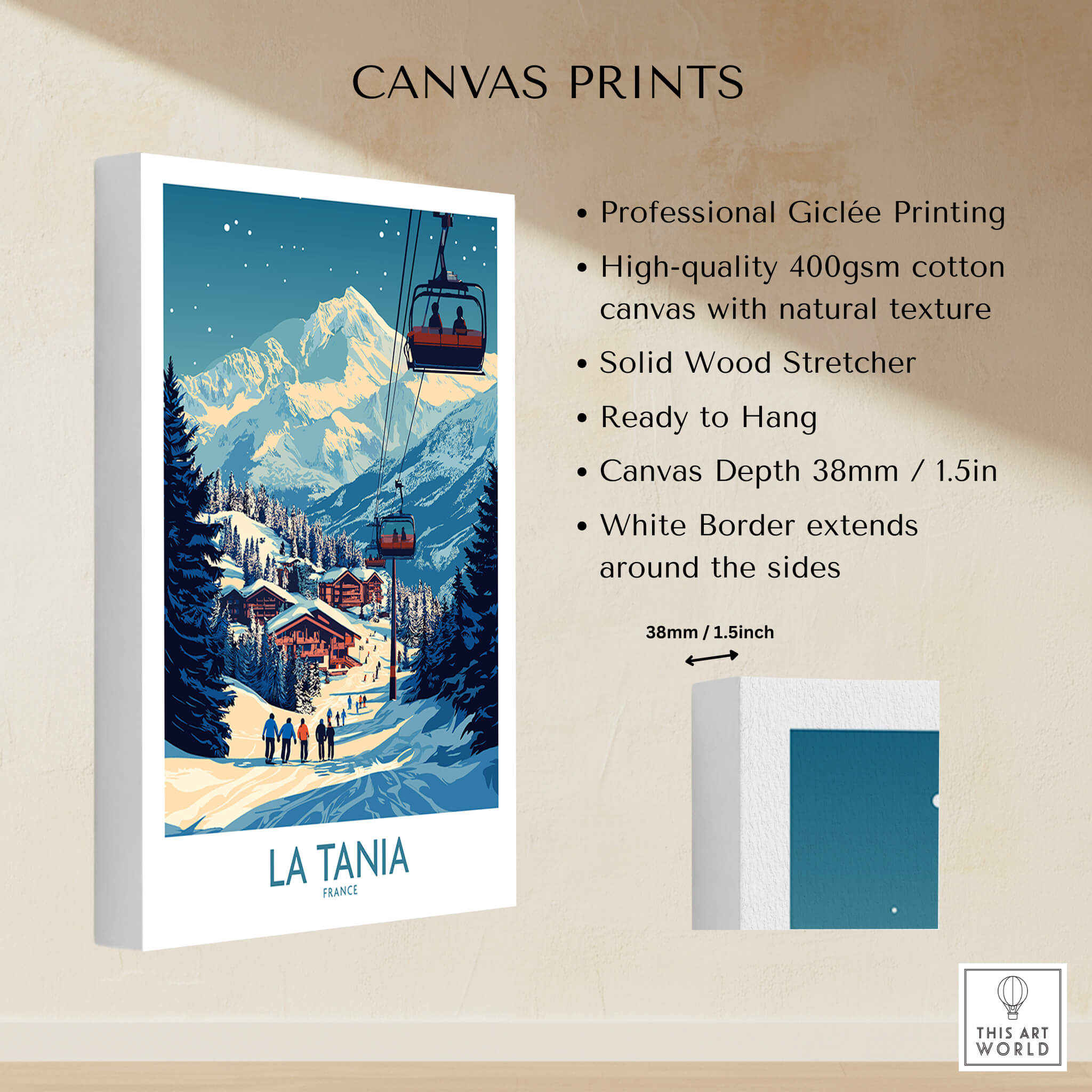 La Tania Wall Art Ski Poster showcasing a ski resort scene with mountains and a ski lift, perfect for home decor.
