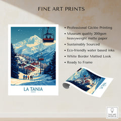 La Tania Wall Art Ski Poster featuring a scenic ski resort with snow-capped mountains and a chairlift.