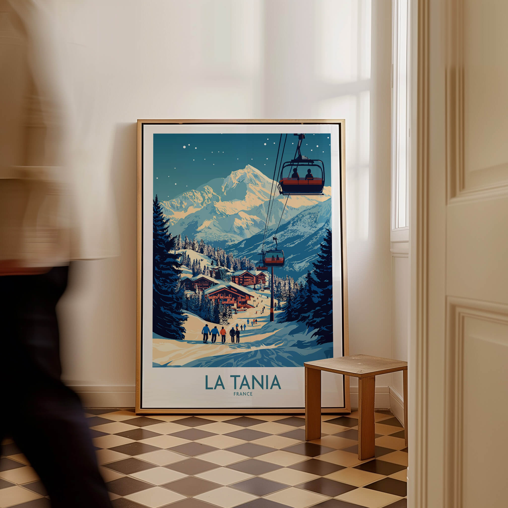 La Tania Wall Art Ski Poster featuring a picturesque ski resort scene in the mountains.